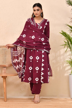 Maroon Bandhej Cotton Kurta Set with Dupatta – Raag Bandhej | Festive & Cultural Wear