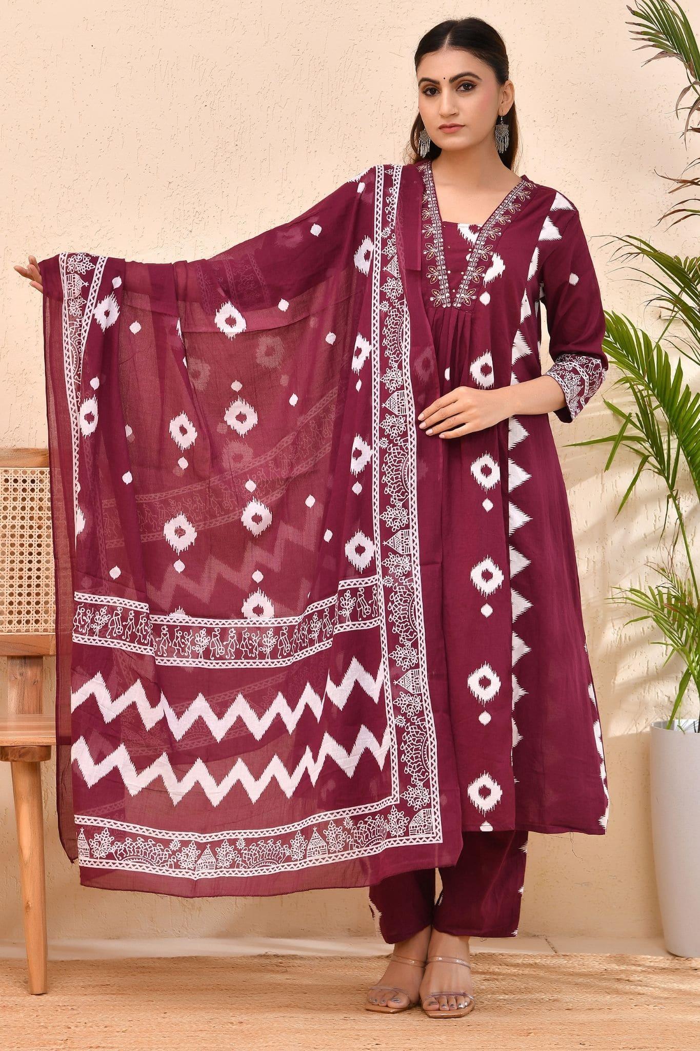 Maroon Bandhej Cotton Kurta Set with Dupatta – Raag Bandhej | Festive & Cultural Wear