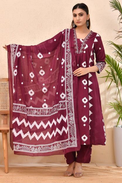 Maroon Bandhej Cotton Kurta Set with Dupatta – Raag Bandhej | Festive & Cultural Wear