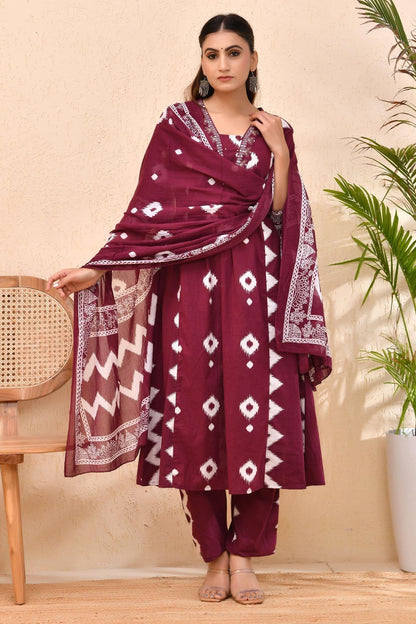 Maroon Bandhej Cotton Kurta Set with Dupatta – Raag Bandhej | Festive & Cultural Wear