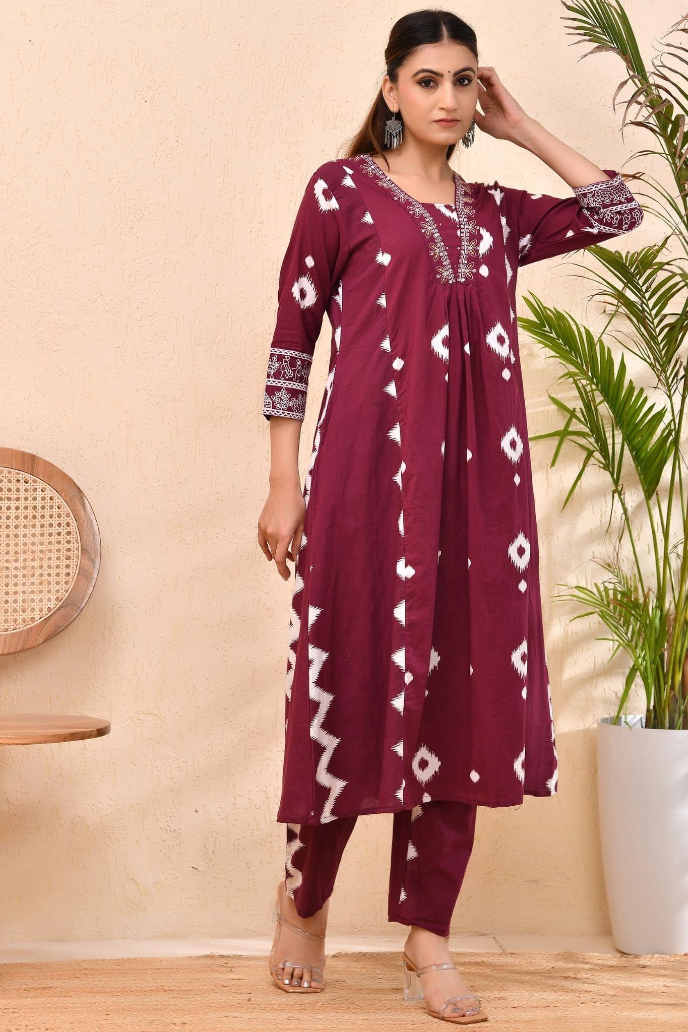 Maroon Bandhej Cotton Kurta Set with Dupatta – Raag Bandhej | Festive & Cultural Wear