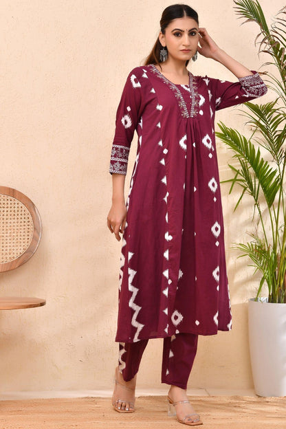 Maroon Bandhej Cotton Kurta Set with Dupatta – Raag Bandhej | Festive & Cultural Wear
