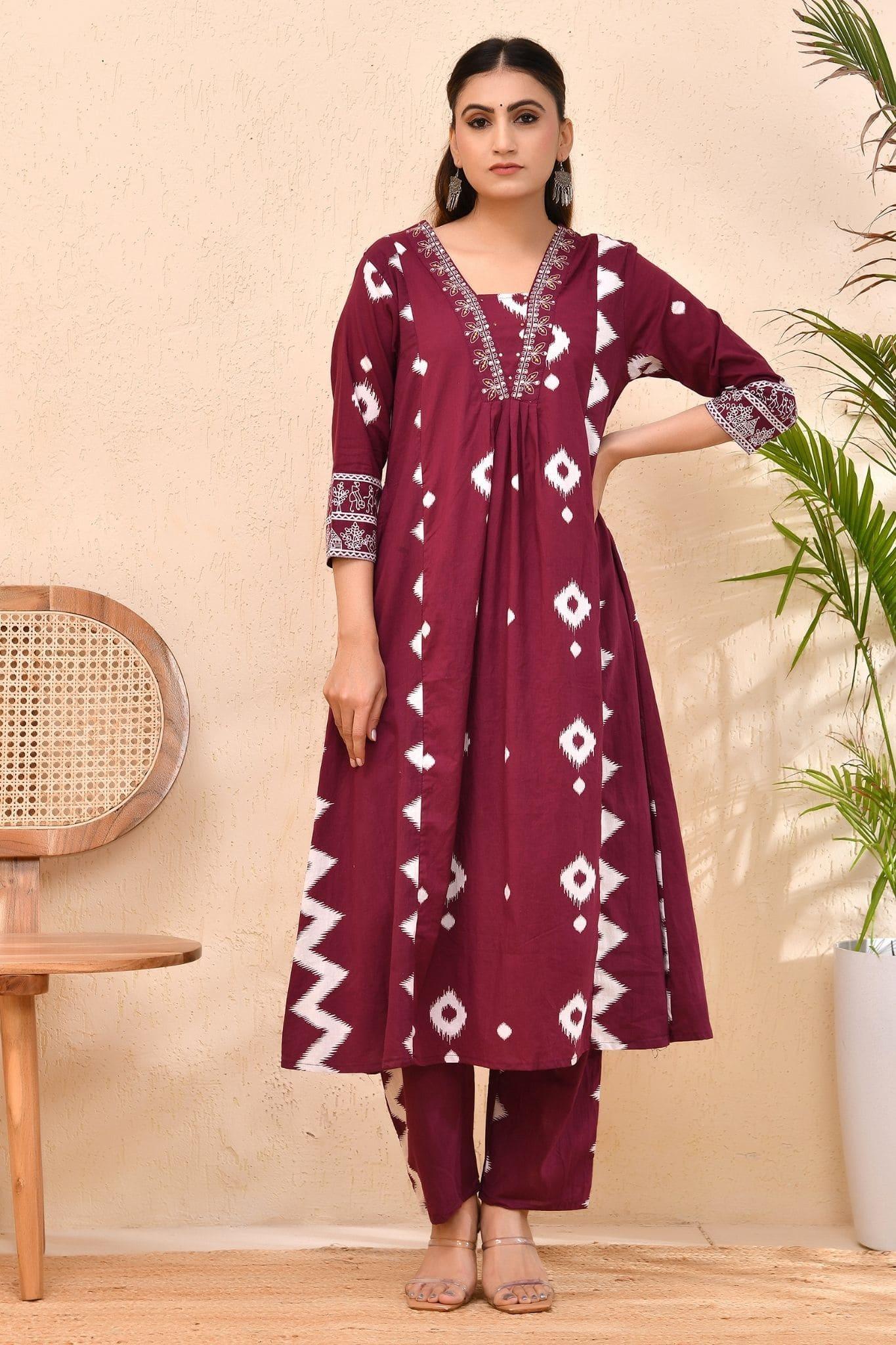 Maroon Bandhej Cotton Kurta Set with Dupatta – Raag Bandhej | Festive & Cultural Wear