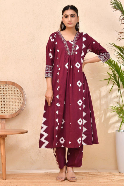 Maroon Bandhej Cotton Kurta Set with Dupatta – Raag Bandhej | Festive & Cultural Wear
