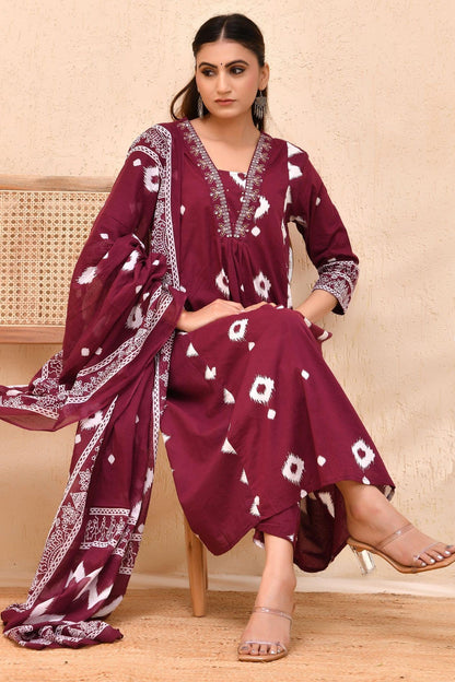 Maroon Bandhej Cotton Kurta Set with Dupatta – Raag Bandhej | Festive & Cultural Wear