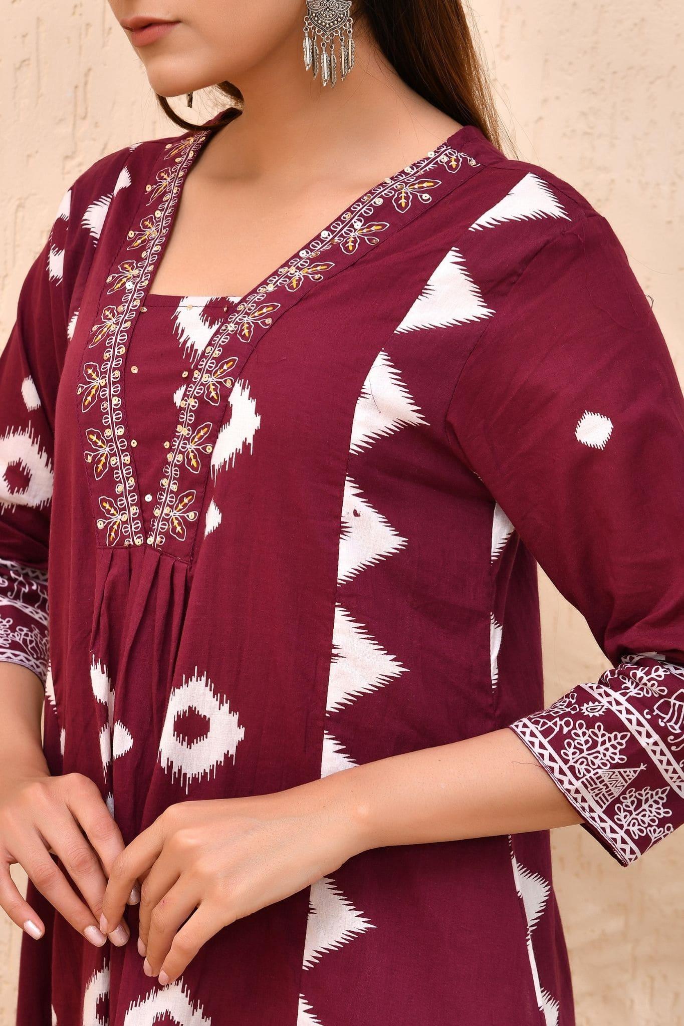 Maroon Bandhej Cotton Kurta Set with Dupatta – Raag Bandhej | Festive & Cultural Wear