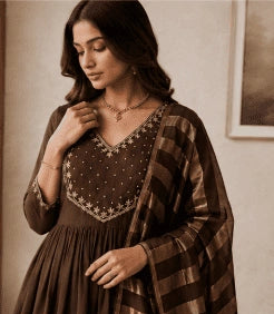 Mocha Embroidered Kurta Set