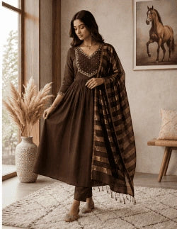 Mocha Embroidered Kurta Set