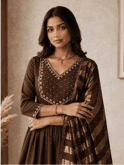 Mocha Embroidered Kurta Set