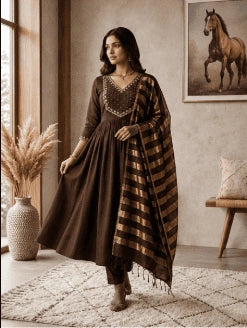 Mocha Embroidered Kurta Set