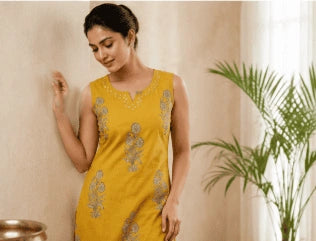 Mustard Floral Cotton Kurti
