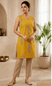 Mustard Floral Cotton Kurti