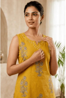 Mustard Floral Cotton Kurti