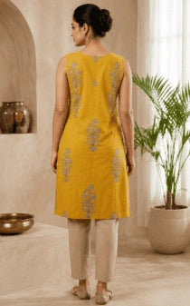 Mustard Floral Cotton Kurti