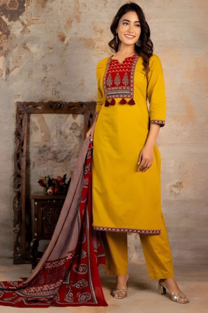 Mustard Jaipuri Printed Suit Set With Premium Dupatta