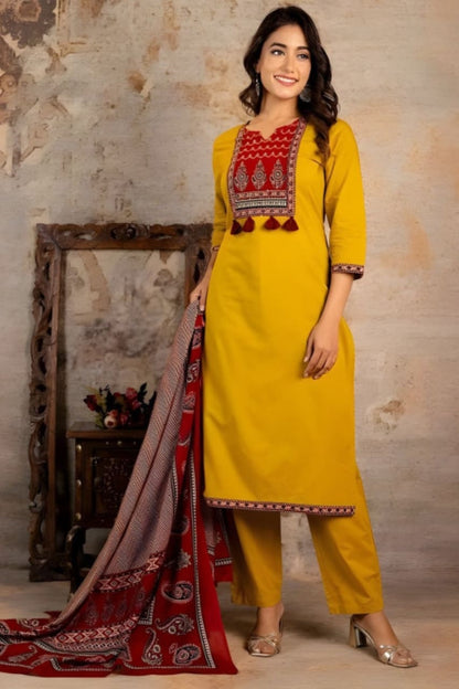 Mustard Jaipuri Printed Suit Set With Premium Dupatta
