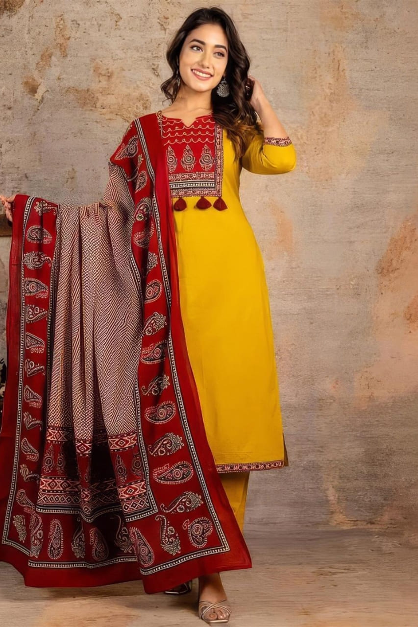 Mustard Jaipuri Printed Suit Set With Premium Dupatta
