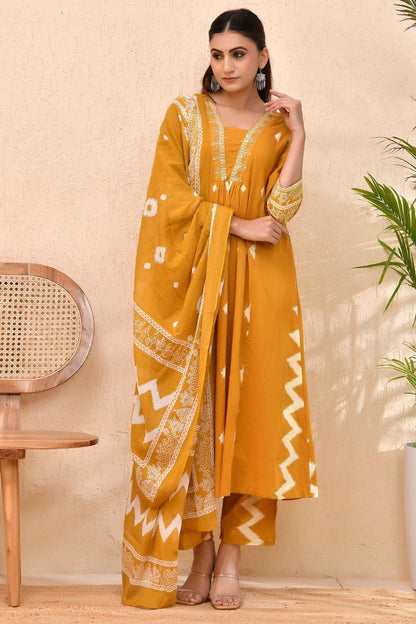 Mustard Cotton Bandhej Print Kurta Set with Dupatta – Mustard Maharani