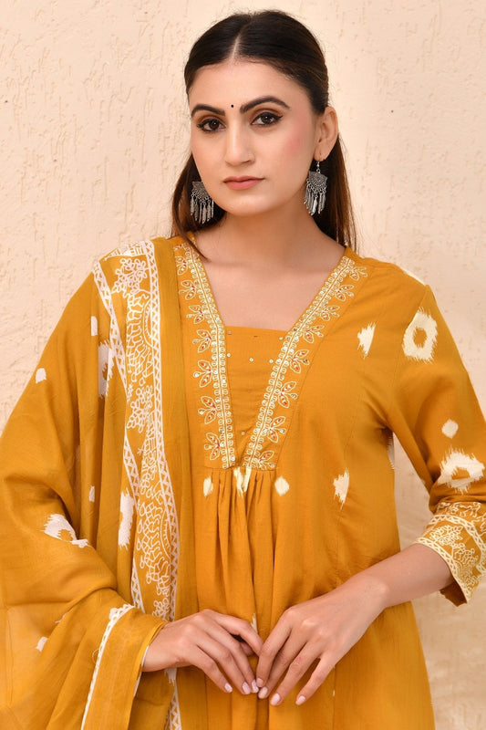 Mustard Cotton Bandhej Print Kurta Set with Dupatta – Mustard Maharani