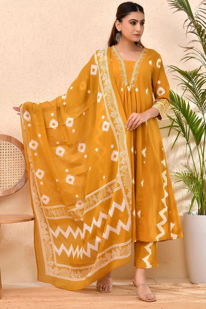 Mustard Cotton Bandhej Print Kurta Set with Dupatta – Mustard Maharani