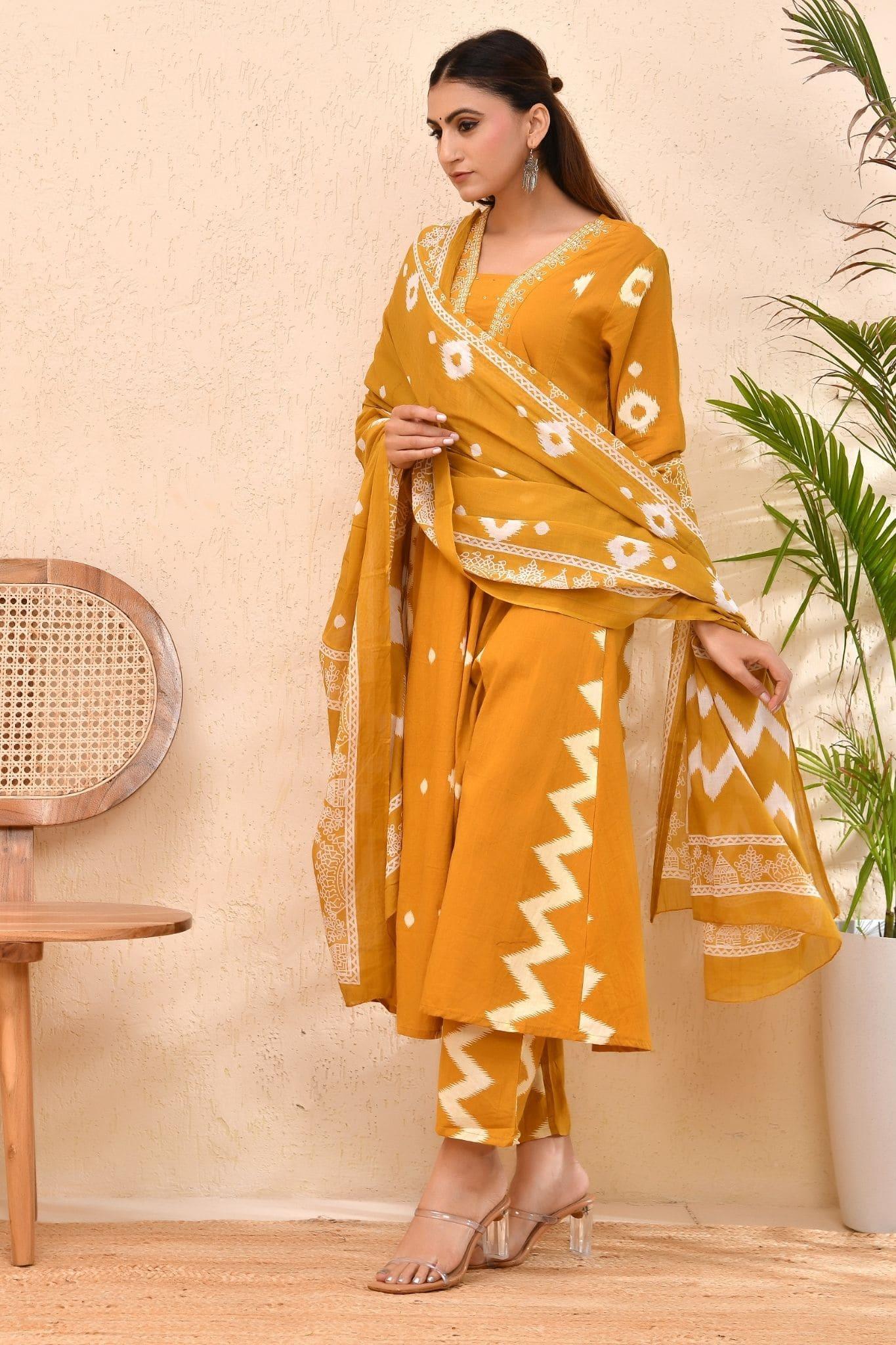 Mustard Cotton Bandhej Print Kurta Set with Dupatta – Mustard Maharani