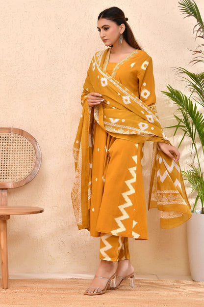 Mustard Cotton Bandhej Print Kurta Set with Dupatta – Mustard Maharani