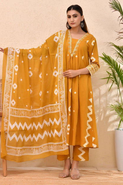 Mustard Cotton Bandhej Print Kurta Set with Dupatta – Mustard Maharani