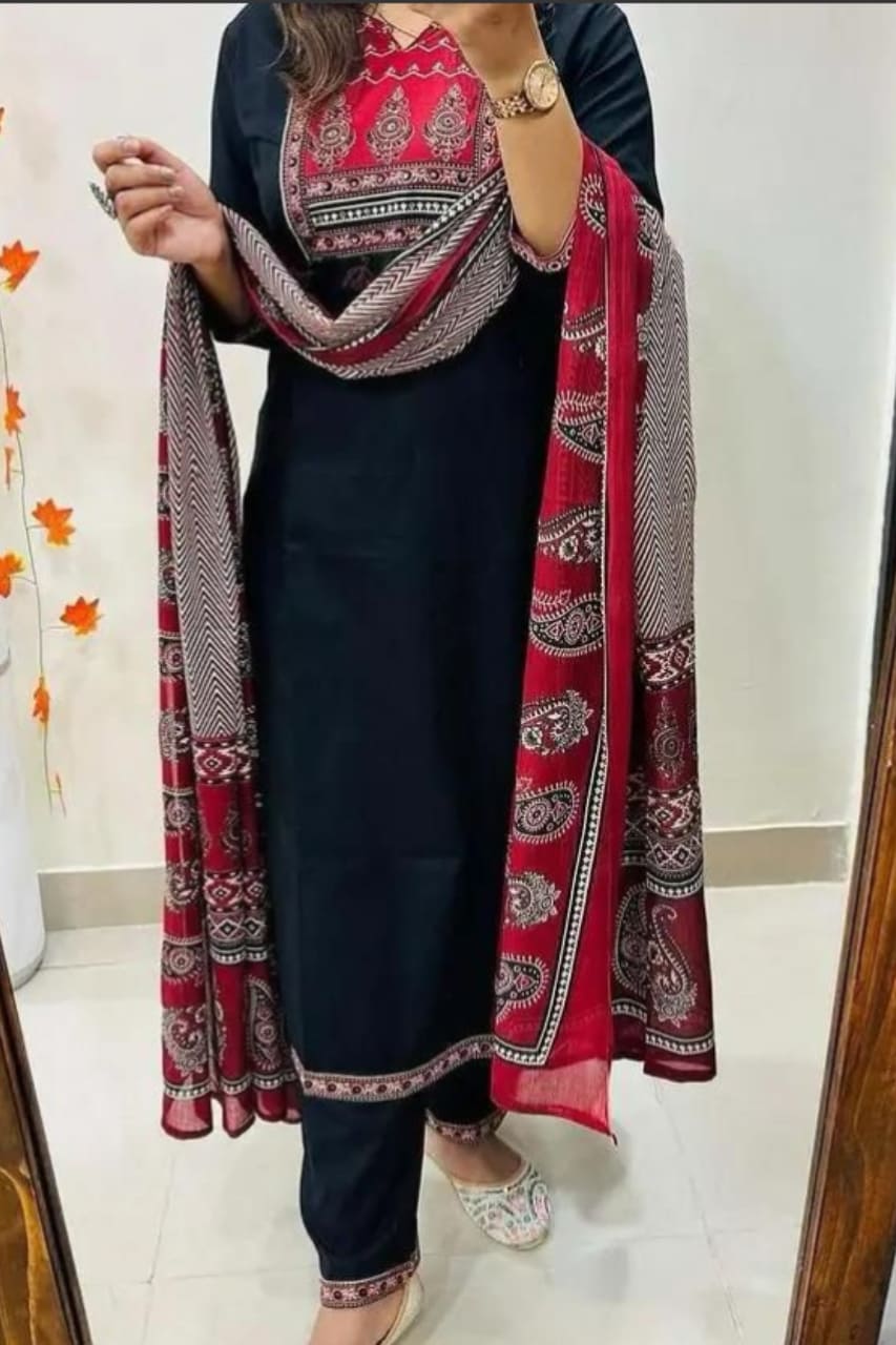 Navy Blue Jaipuri Printed Suit Set With Red Dupatta