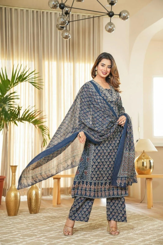 Navy Blue Printed Kurta Set with Dupatta
