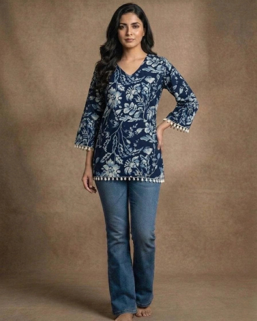 Navy Floral Printed Tunic Top