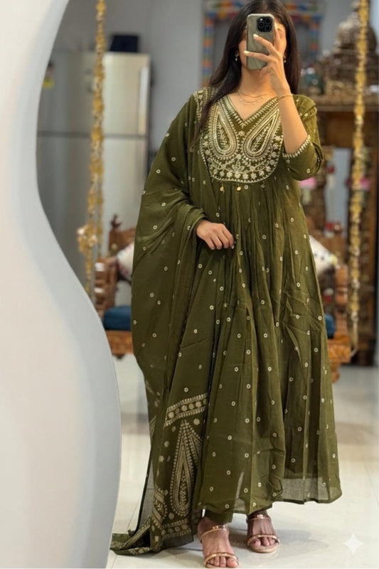 Olive Green Anarkali Suit with Heavy Embroidery