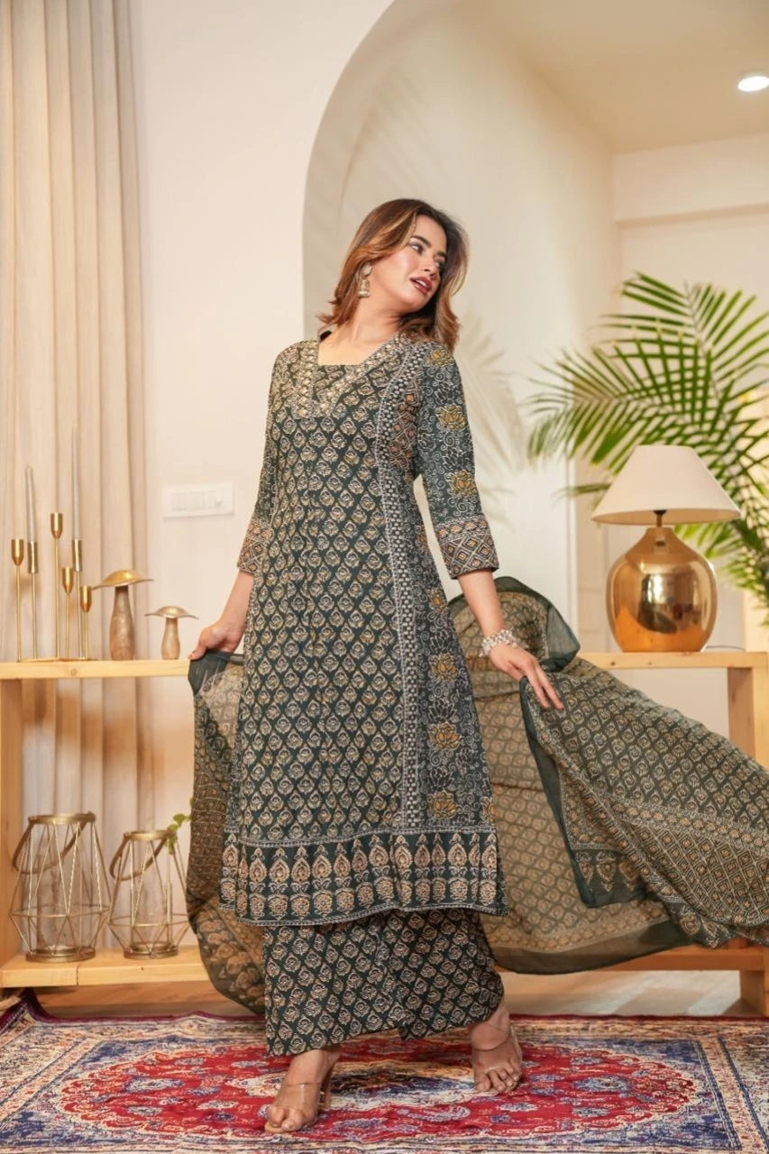 Olive Green Printed Kurta Set with Dupatta