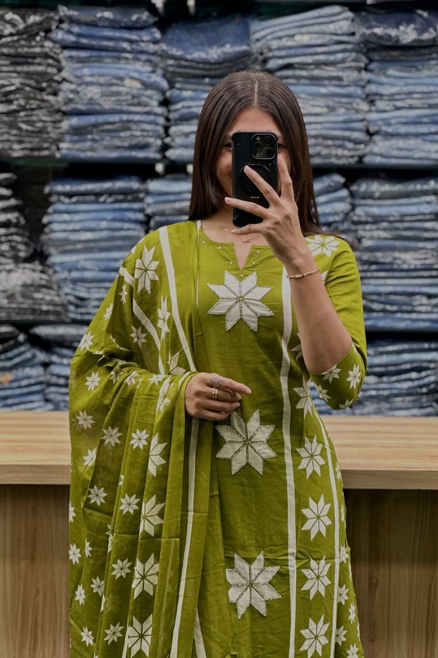 Olive Green Modern Floral Print Cotton Kurta Set & Dupatta