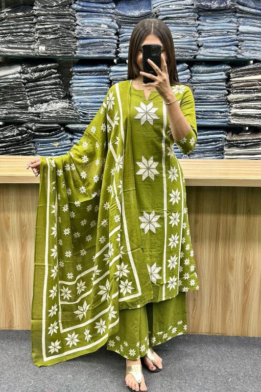 Olive Green Modern Floral Print Cotton Kurta Set & Dupatta
