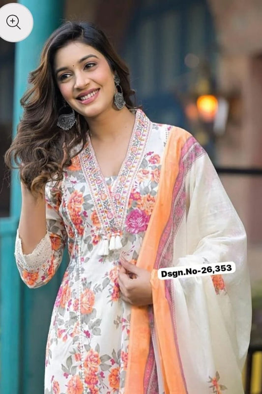 Peach Floral Cotton Kurta Set with Lace Detail Dupatta