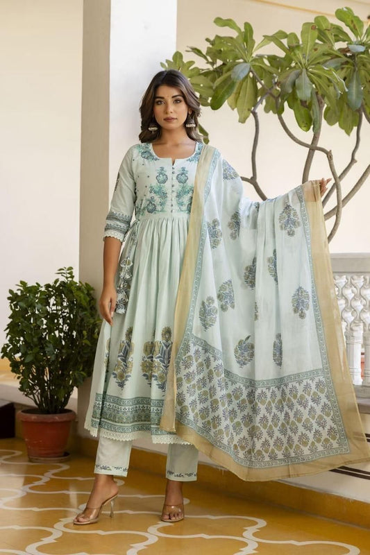 Pistachio Block Print Cotton Kurta Pant Set & Border Dupatta
