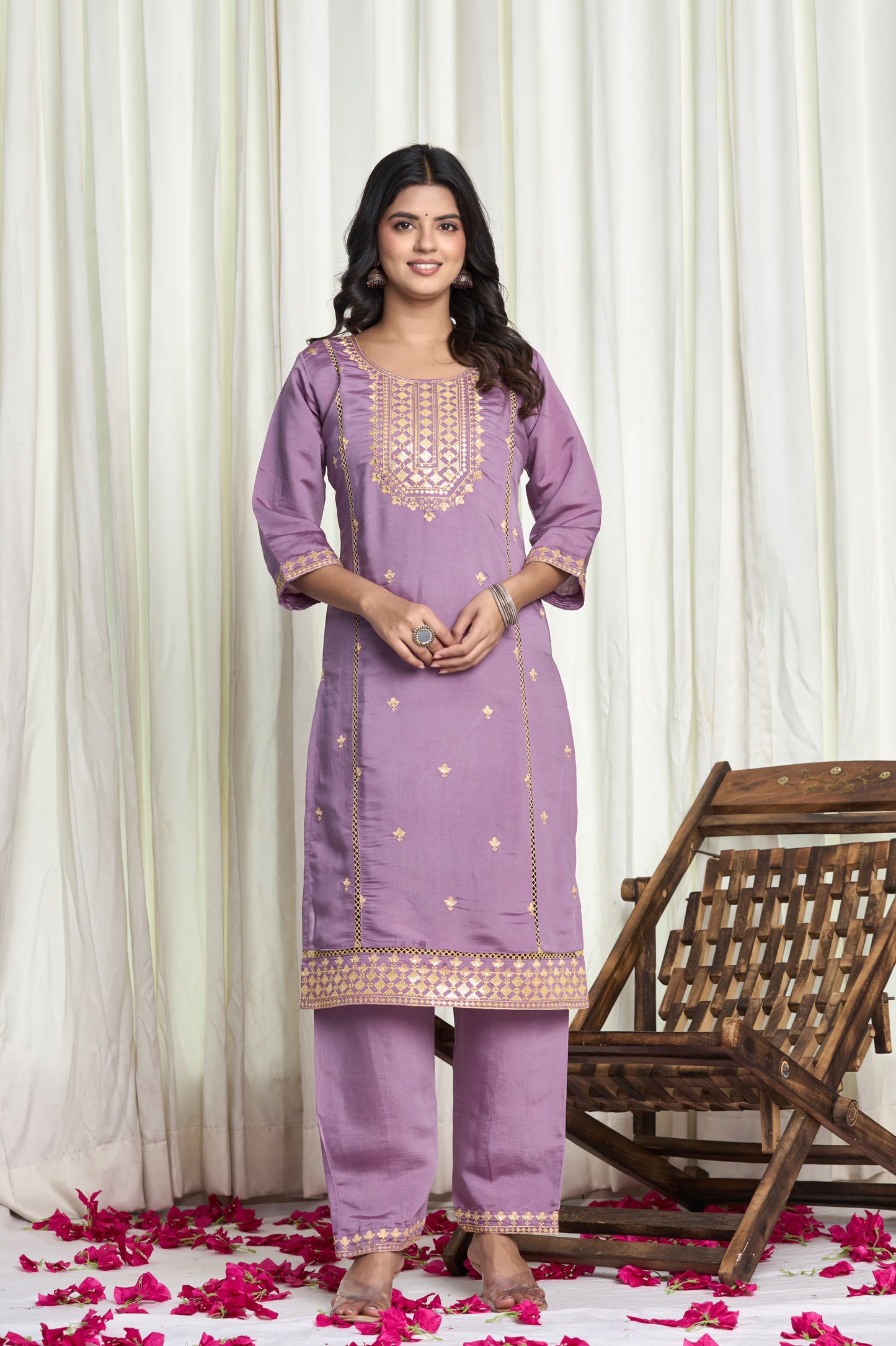 Purple Cotton Silk Embroidered 3-Piece Kurti Set