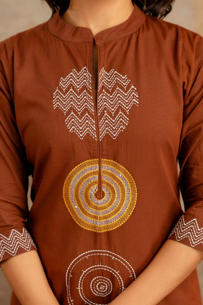 Chocolate Geo-Print Cotton Kurta Pant Set with Dupatta