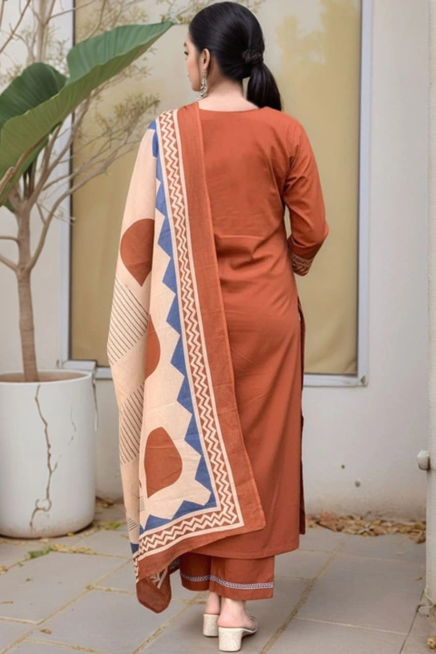 Rust Brown Ethnic Printed Kurta Set With Dupatta