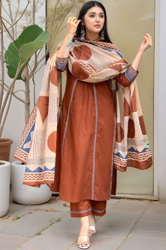 Rust Brown Ethnic Printed Kurta Set With Dupatta