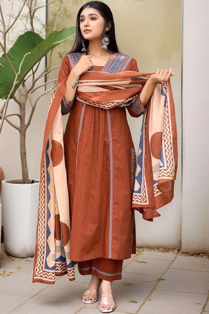 Rust Brown Ethnic Printed Kurta Set With Dupatta