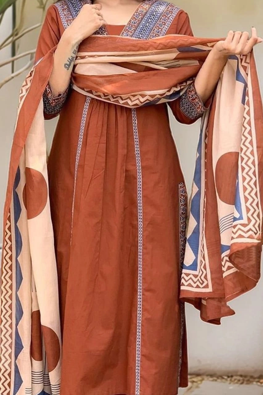Rust Brown Ethnic Printed Kurta Set With Dupatta