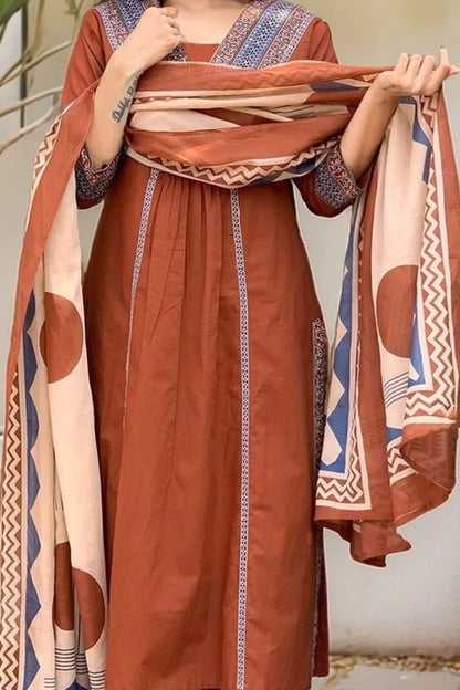 Rust Brown Ethnic Printed Kurta Set With Dupatta