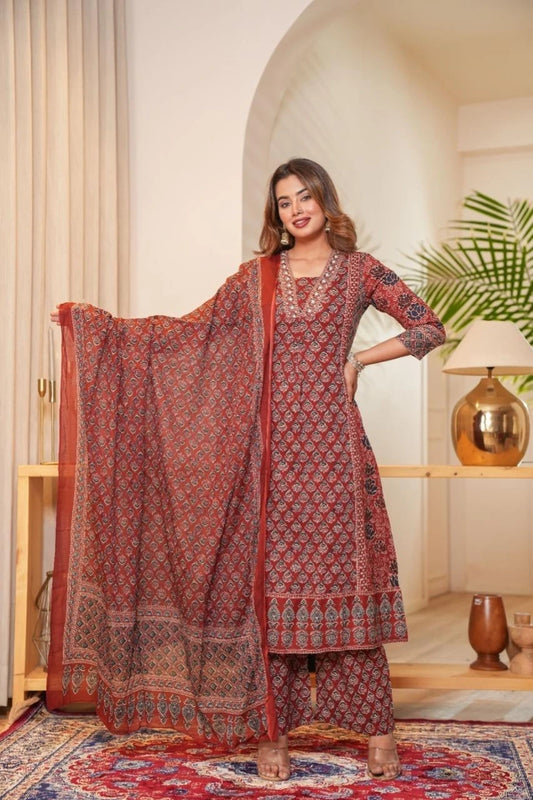 Rust Red Printed Kurta Set with Dupatta
