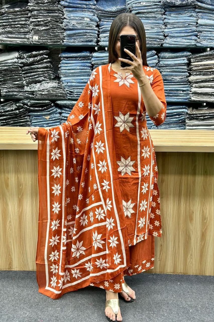 Rust Floral Geo Print Cotton Kurta Pant Set & Dupatta