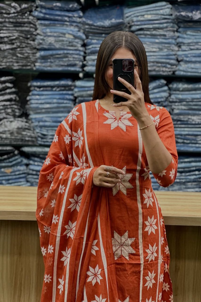 Rust Floral Geo Print Cotton Kurta Pant Set & Dupatta