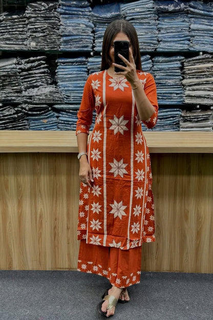 Rust Floral Geo Print Cotton Kurta Pant Set & Dupatta