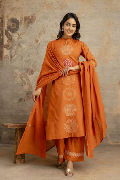 Rust Modern Graphic Cotton Kurta Set with Wide Dupatta