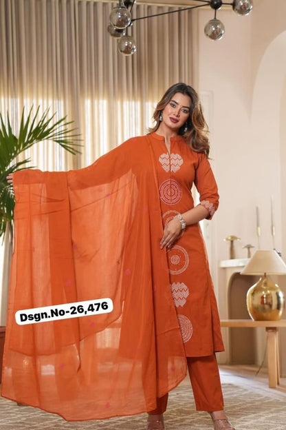 Rust Modern Graphic Cotton Kurta Set with Wide Dupatta
