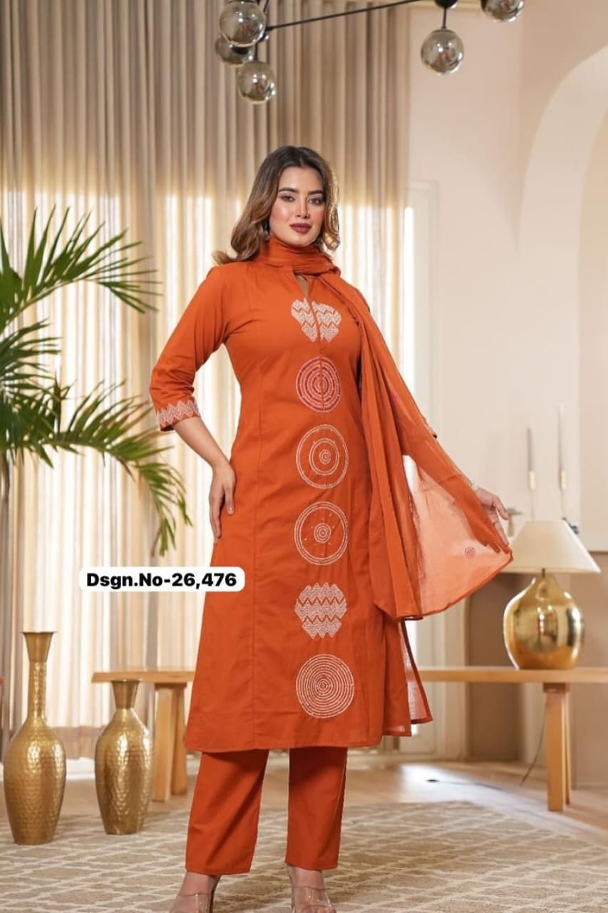 Rust Modern Graphic Cotton Kurta Set with Wide Dupatta